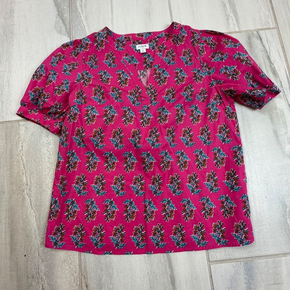 J.Crew‎ Pink Floral Block Print Puff Sleeve Split Neck Cotton Blouse Small